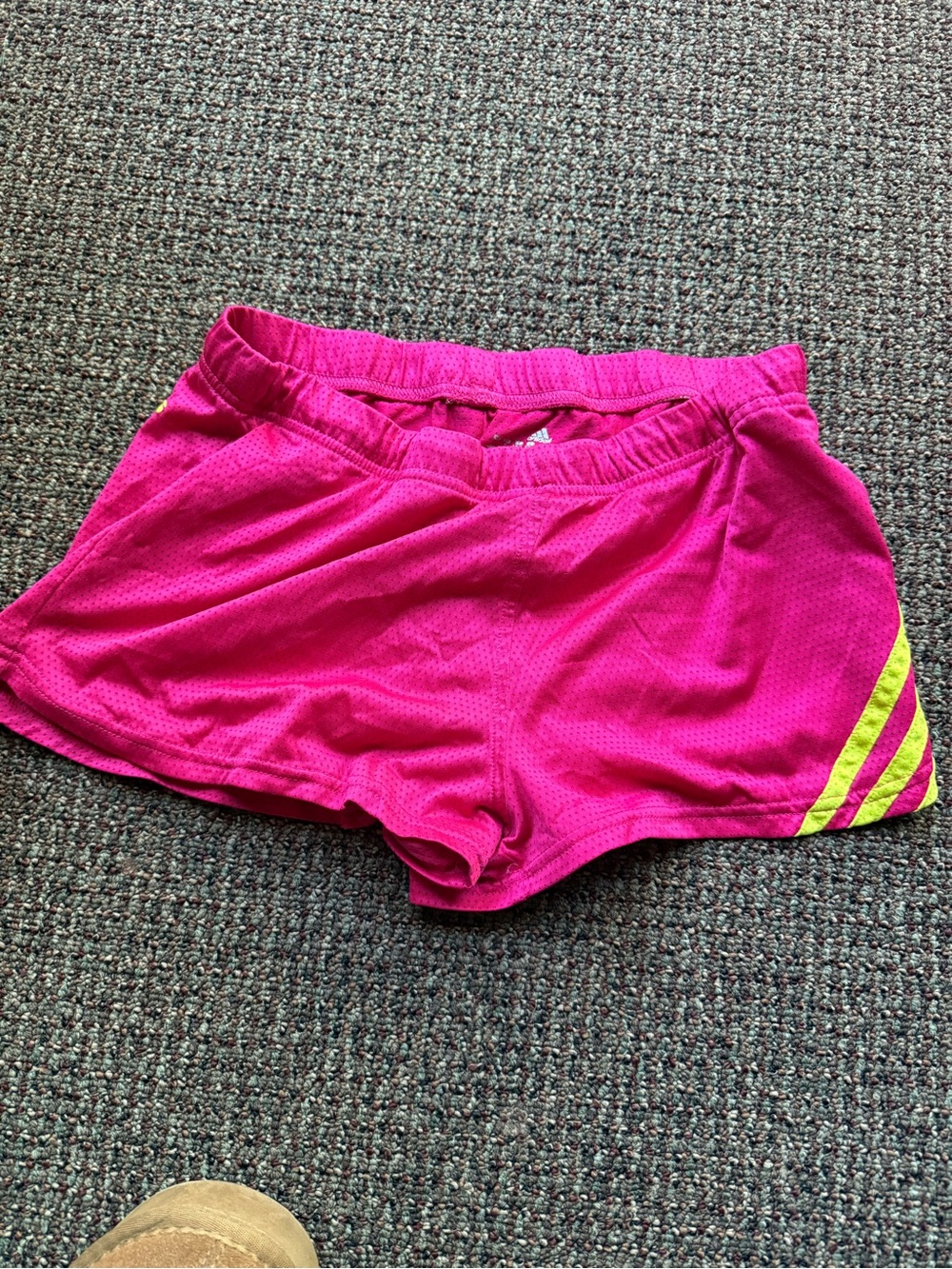 adidas Women's Hot Pink Athletic Shorts with Neon Yellow Stripes